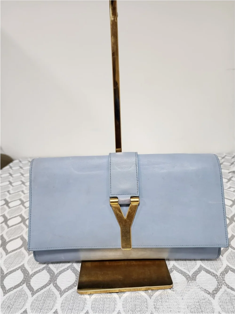 YVES SAINT LAURENT Calfskin Leather Ligne Y Clutch Bag Blue